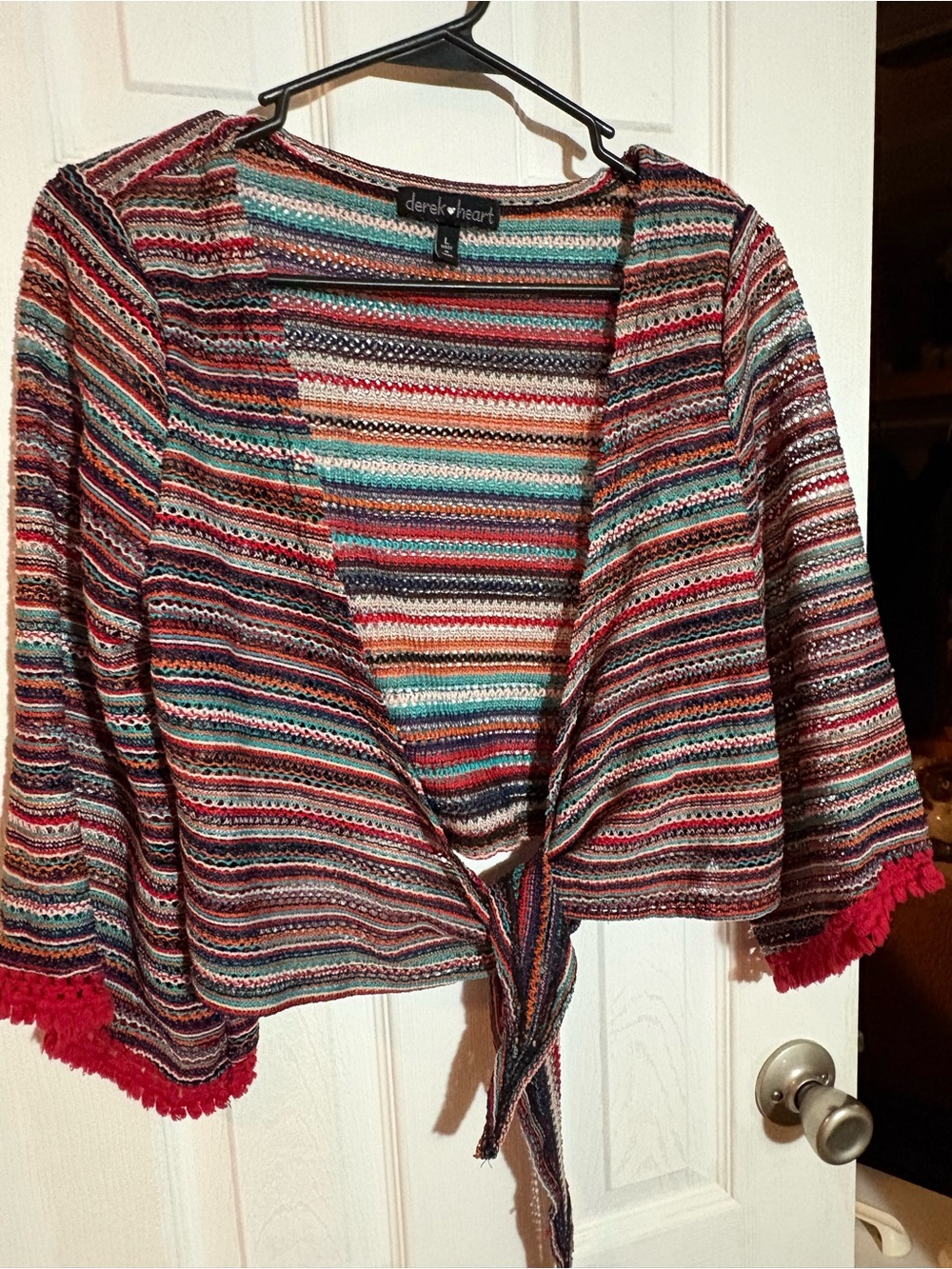 Derek Heart Multicolor Striped Tie-Front Sweater Shrug with Red Trim